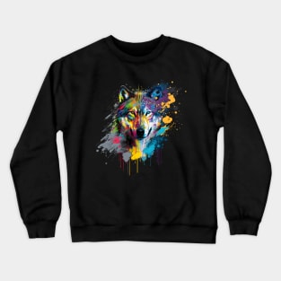 Wolf Abstract Artwork, Vibrant, Paint Splatter Crewneck Sweatshirt